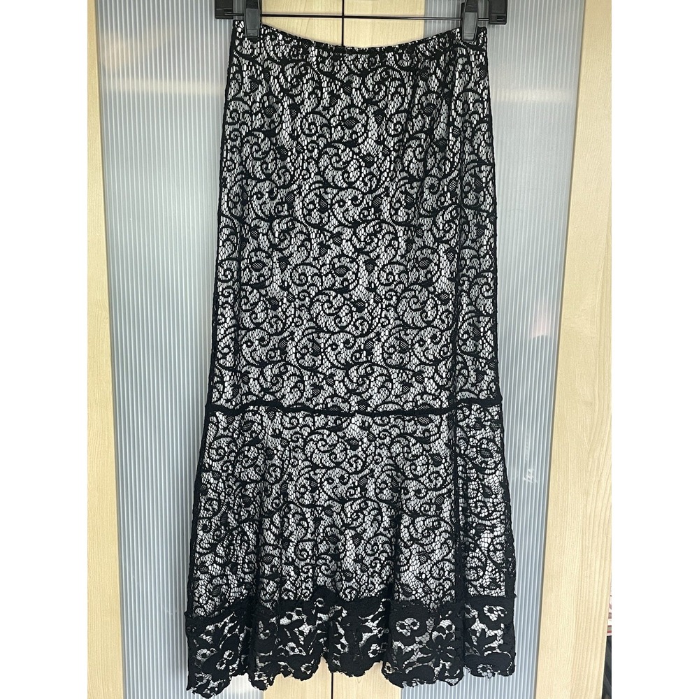 Women's Black Lace Maxi Skirt Tiered Sheer Overlay Whimsigoth Boho Sz S Festival